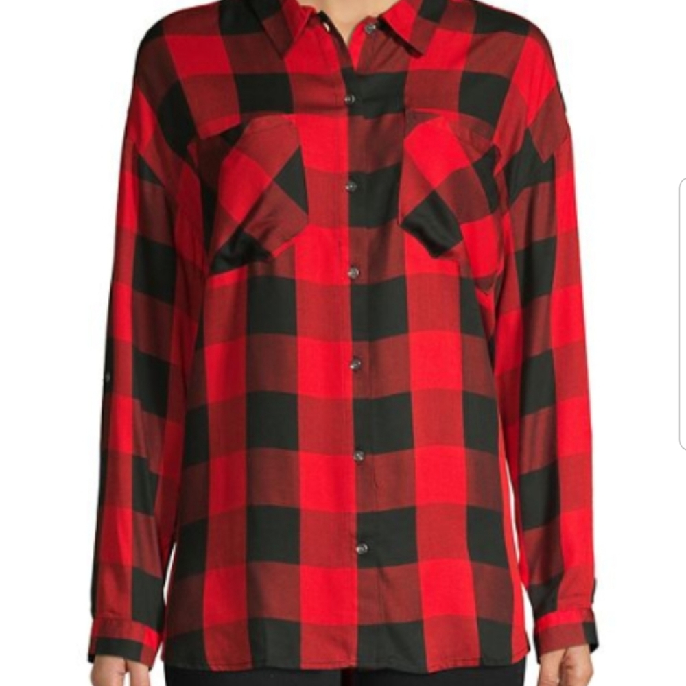 NWT! DESIGN LAB PLAID BUTTON DOWN HIGH-LOW SHIRT